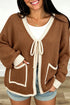 Border Trim Tie Front V Neck Loose Sweater Cardigan