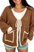 Border Trim Tie Front V Neck Loose Sweater Cardigan