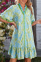 Botanical Floral Print Frilled Trim V Neck Button Front Dress