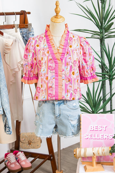 Botanical Flower Striped Print Defined Trim Short Sleeve Blouse