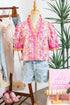 Botanical Flower Striped Print Defined Trim Short Sleeve Blouse