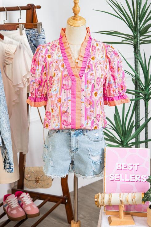Botanical Flower Striped Print Defined Trim Short Sleeve Blouse