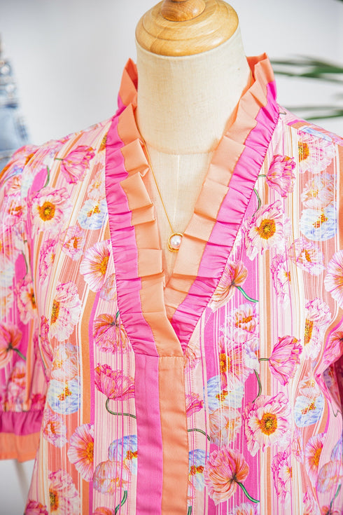 Botanical Flower Striped Print Defined Trim Short Sleeve Blouse