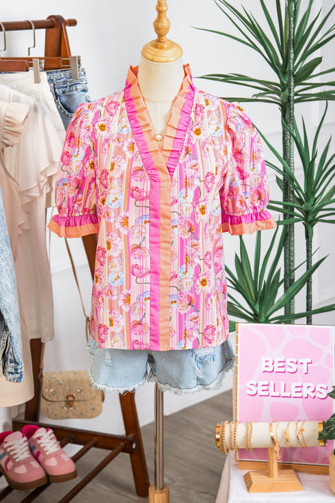 Botanical Flower Striped Print Defined Trim Short Sleeve Blouse