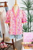 Botanical Flower Striped Print Defined Trim Short Sleeve Blouse
