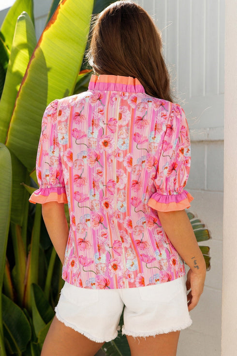 Botanical Flower Striped Print Defined Trim Short Sleeve Blouse