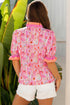 Botanical Flower Striped Print Defined Trim Short Sleeve Blouse