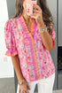 Botanical Flower Striped Print Defined Trim Short Sleeve Blouse