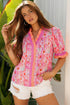 Botanical Flower Striped Print Defined Trim Short Sleeve Blouse