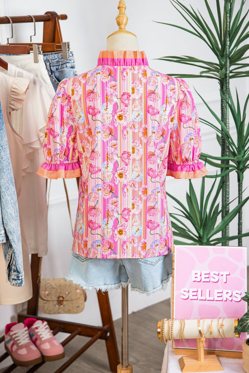 Botanical Flower Striped Print Defined Trim Short Sleeve Blouse