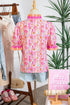 Botanical Flower Striped Print Defined Trim Short Sleeve Blouse
