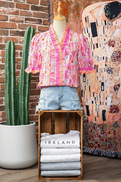 Botanical Flower Striped Print Defined Trim Short Sleeve Blouse