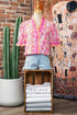 Botanical Flower Striped Print Defined Trim Short Sleeve Blouse