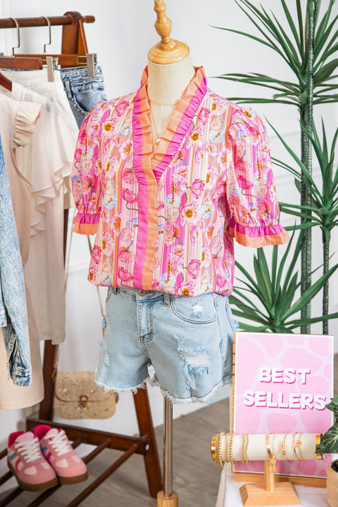 Botanical Flower Striped Print Defined Trim Short Sleeve Blouse