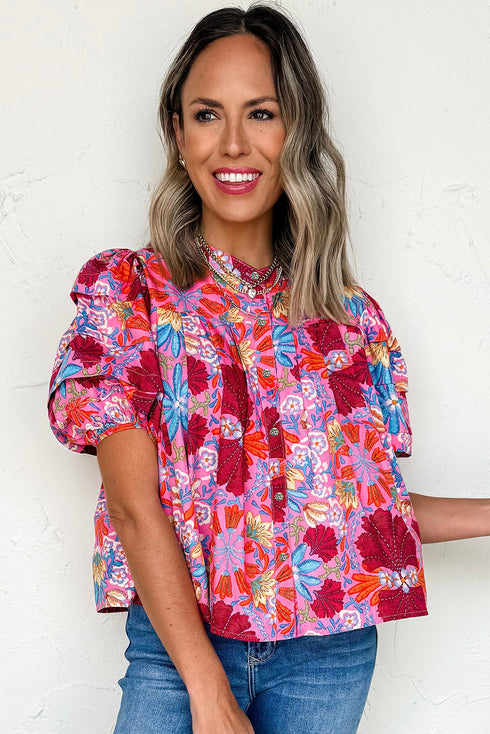Botanical Garden Print Stand Collar Button Up Puff Sleeve Top
