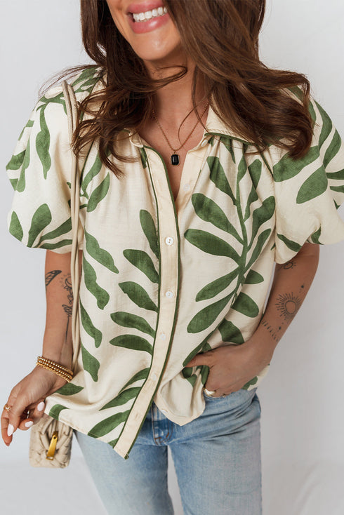 Botanical Leaf Print Short Puff Balloon Sleeve Shirt
