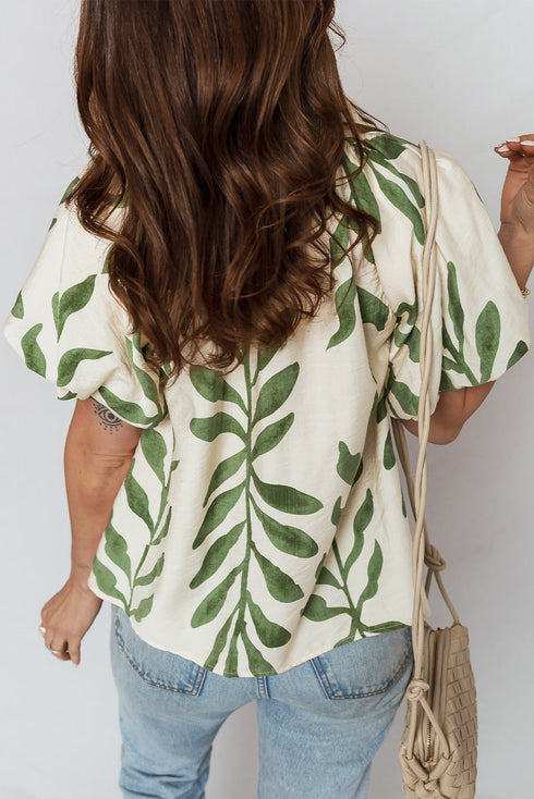Botanical Leaf Print Short Puff Balloon Sleeve Shirt