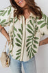 Botanical Leaf Print Short Puff Balloon Sleeve Shirt