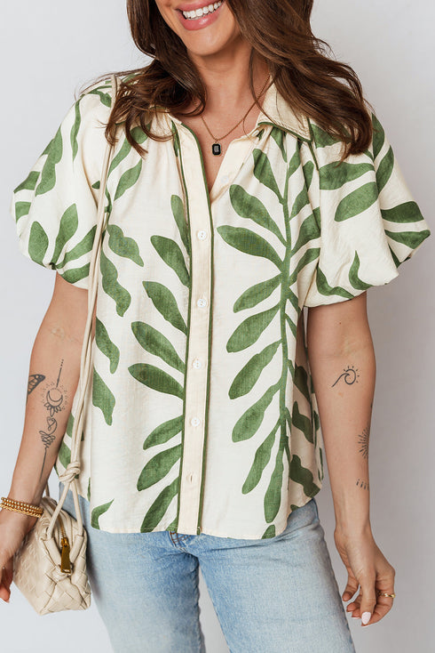Botanical Leaf Print Short Puff Balloon Sleeve Shirt