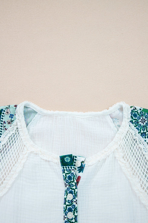 Botanical Patchwork Half Button Cotton Tunic Shirt