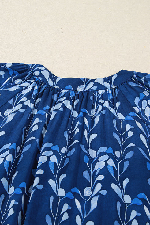 Botanical Print Bracelet Sleeve Notched Neck Viscose Blouse