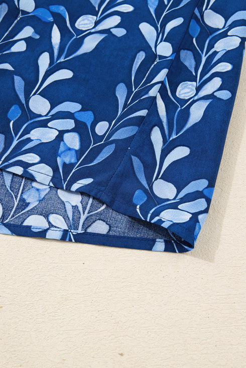 Botanical Print Bracelet Sleeve Notched Neck Viscose Blouse