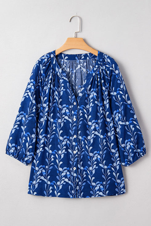 Botanical Print Bracelet Sleeve Notched Neck Viscose Blouse