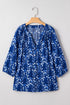 Botanical Print Bracelet Sleeve Notched Neck Viscose Blouse