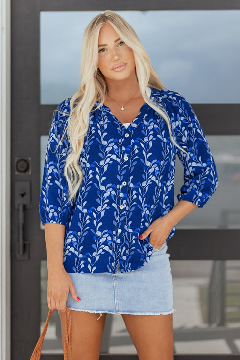 Botanical Print Bracelet Sleeve Notched Neck Viscose Blouse
