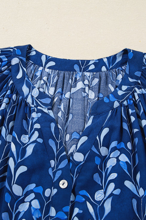 Botanical Print Bracelet Sleeve Notched Neck Viscose Blouse