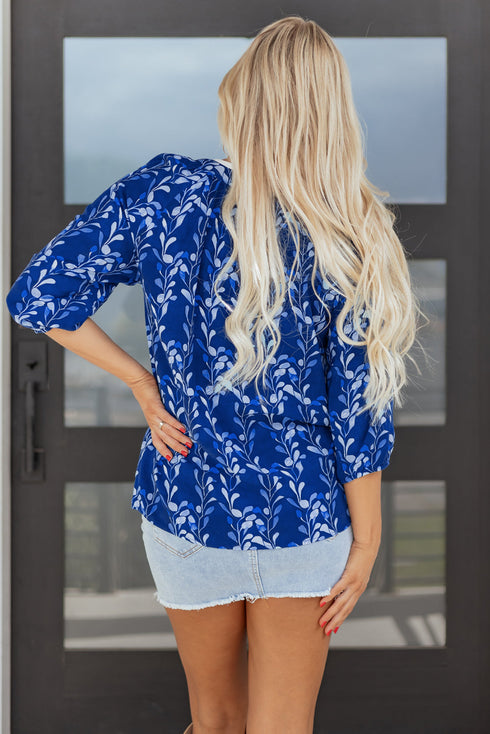 Botanical Print Bracelet Sleeve Notched Neck Viscose Blouse