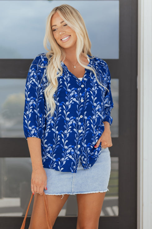 Botanical Print Bracelet Sleeve Notched Neck Viscose Blouse
