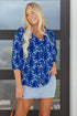 Botanical Print Bracelet Sleeve Notched Neck Viscose Blouse