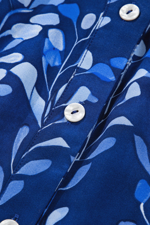 Botanical Print Bracelet Sleeve Notched Neck Viscose Blouse