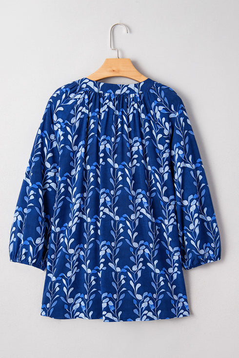 Botanical Print Bracelet Sleeve Notched Neck Viscose Blouse