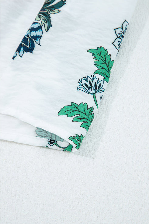 Botanical Print Ruffle Neck Long Sleeve Blouse