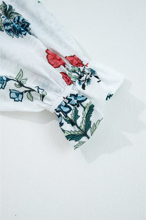 Botanical Print Ruffle Neck Long Sleeve Blouse