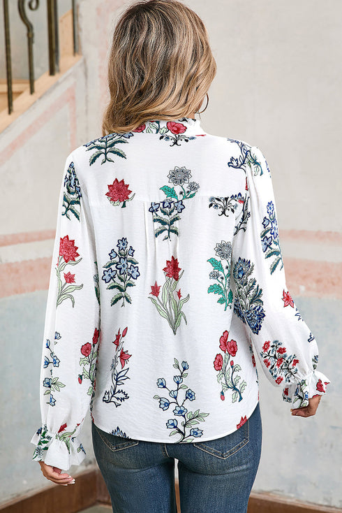 Botanical Print Ruffle Neck Long Sleeve Blouse