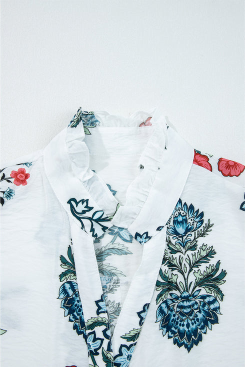 Botanical Print Ruffle Neck Long Sleeve Blouse