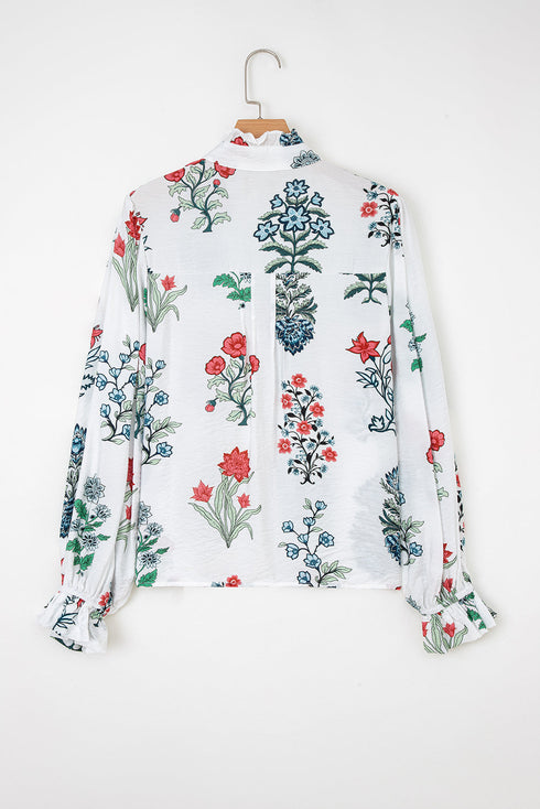Botanical Print Ruffle Neck Long Sleeve Blouse