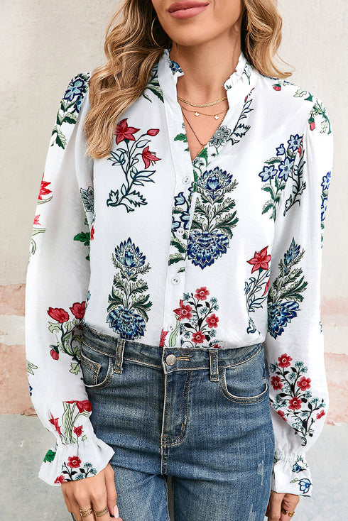 Botanical Print Ruffle Neck Long Sleeve Blouse