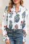 Botanical Print Ruffle Neck Long Sleeve Blouse