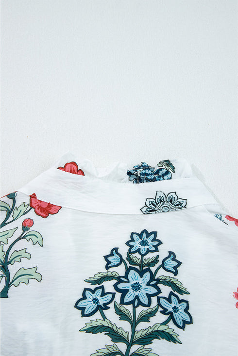 Botanical Print Ruffle Neck Long Sleeve Blouse