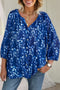 Botanical Print Ruffled Split Neck Button Front Bracelet Sleeve Blouse