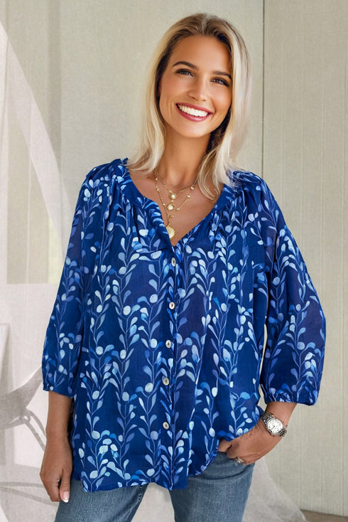 Botanical Print Ruffled Split Neck Button Front Bracelet Sleeve Blouse