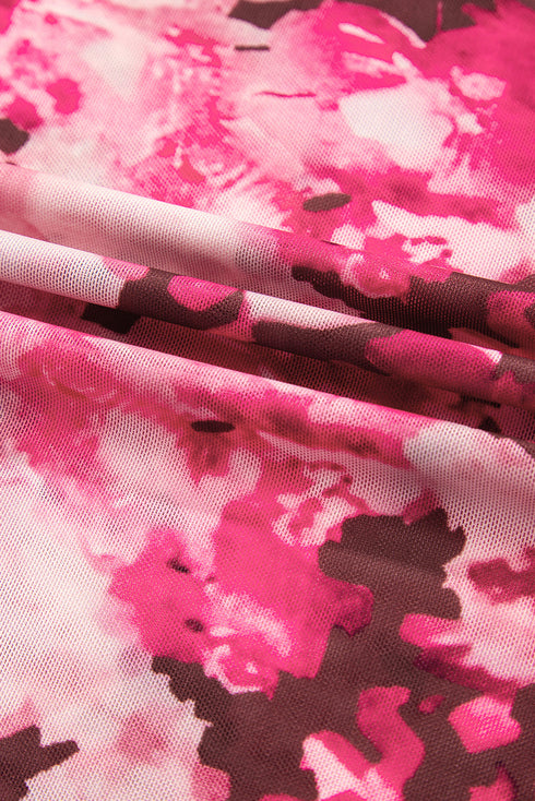 Botanical Print Sheer Mesh Flounce Sleeve Blouse