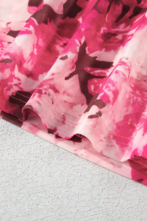 Botanical Print Sheer Mesh Flounce Sleeve Blouse