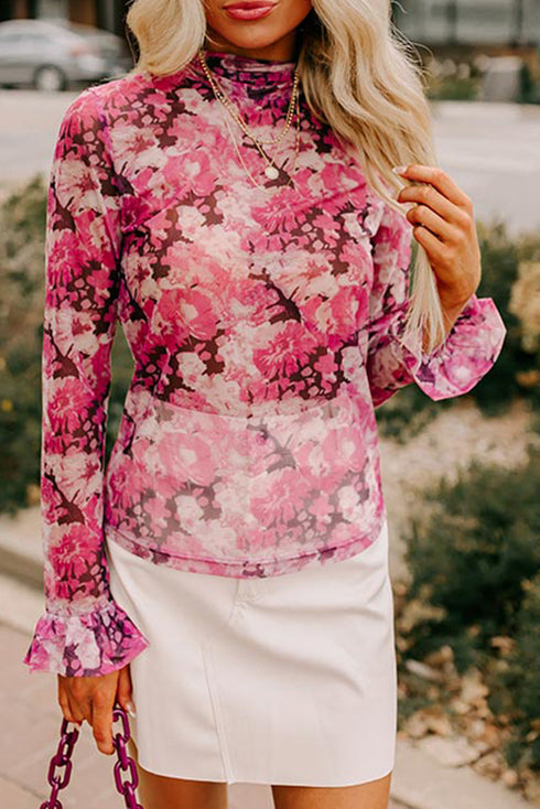 Botanical Print Sheer Mesh Flounce Sleeve Blouse
