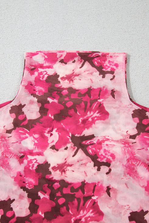 Botanical Print Sheer Mesh Flounce Sleeve Blouse