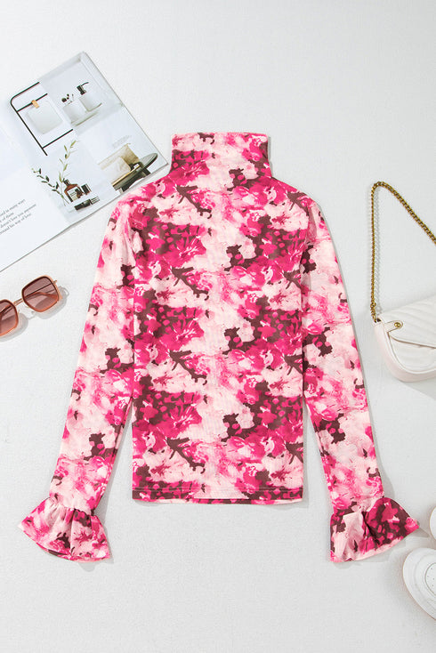 Botanical Print Sheer Mesh Flounce Sleeve Blouse